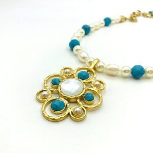 Necklace Gold tone with aqua and white beads 22" length by Lia Sophia Kiam Famil